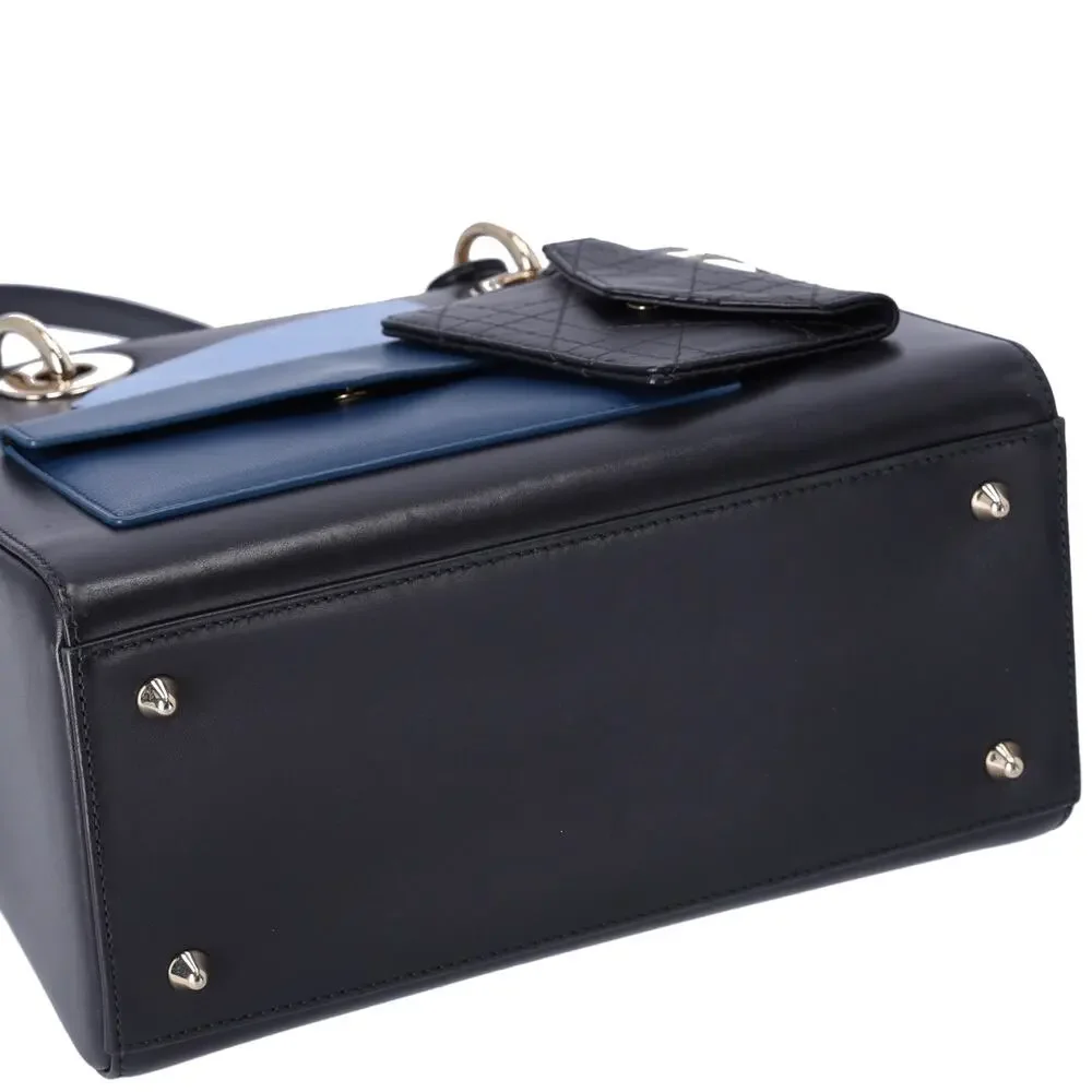 Christian Dior Lady Dior Medium Bag Handbag Black Blue Calf Skin